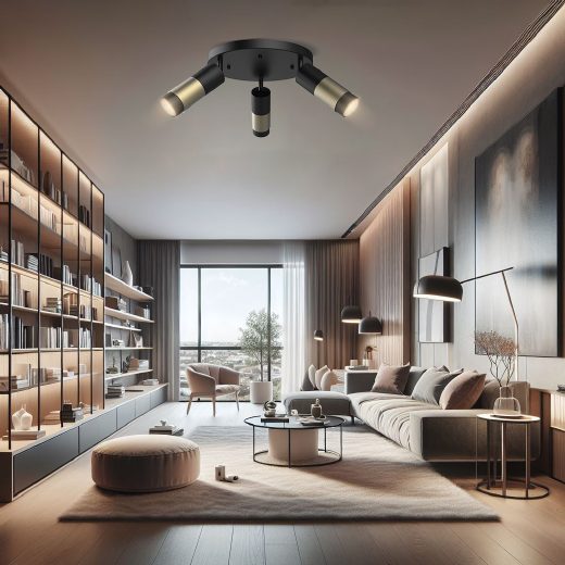 Matt black ceiling spotlight fixture with brushed bronze accents in a modern living room
