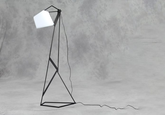 Sculptural steel-frame floor lamp with frosted acrylic shade in matt black