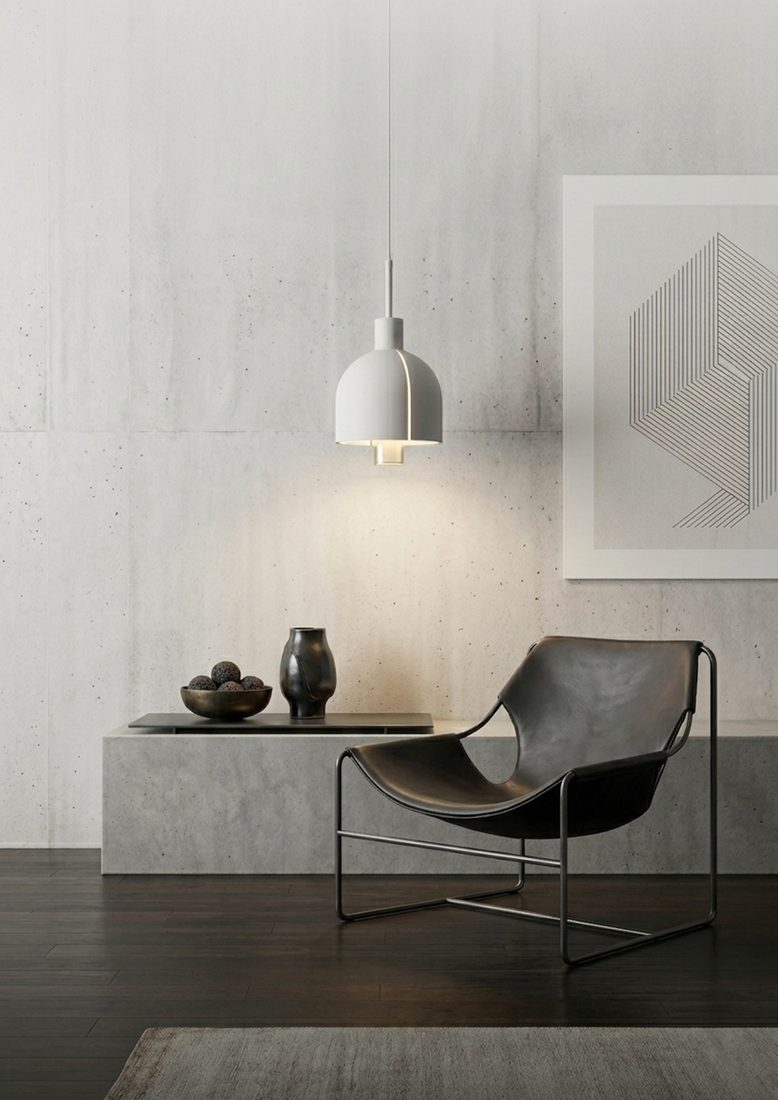 Steel-and-concrete pendant lamp with matt white and gray concrete finish